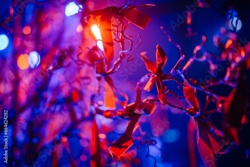 Capture stunning bokeh of floodlit tree branches up close with a prime lens, wide aperture, and carefully positioned floodlights. © Raivo
