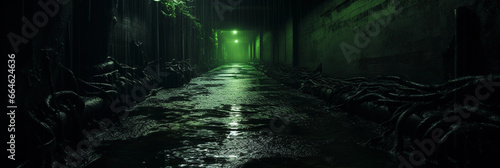 Underground Sewer System: Photorealistic, damp and dark, eerie green lighting, water ripples, mysterious atmosphere