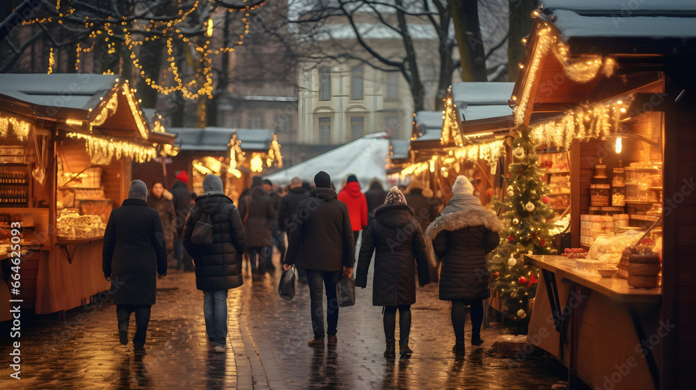 People enjoying a Christmas Market by walking in the street and standing near stalls