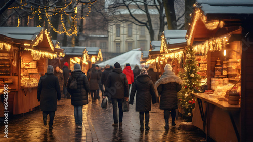 People enjoying a Christmas Market by walking in the street and standing near stalls © David