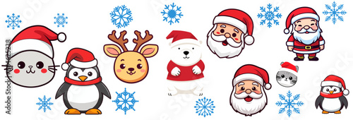 Vector Set Collection of Adorable Christmas Cartoon Characters for a Merry Christmas and Happy New Year, Joyful Winter Holiday for Children - isolated on transparent background, png