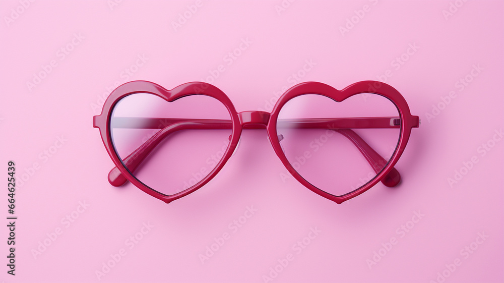 Różowe okulary w kształcie serca na różowym tle - obrazy, fototapety, plakaty 