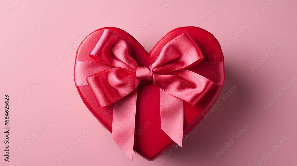 Pudełko w kształcie serca z różową kokardką - obrazy, fototapety, plakaty 