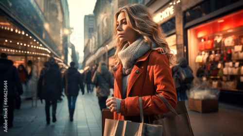 Portrait of sad attractive young blond woman in red coat visiting traditional Christmas fair in European city photo