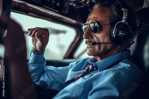 Helicopter pilot flying, smiling and enjoying the views. Handsome man wearing sunglasses and flying a plane © aboutmomentsimages