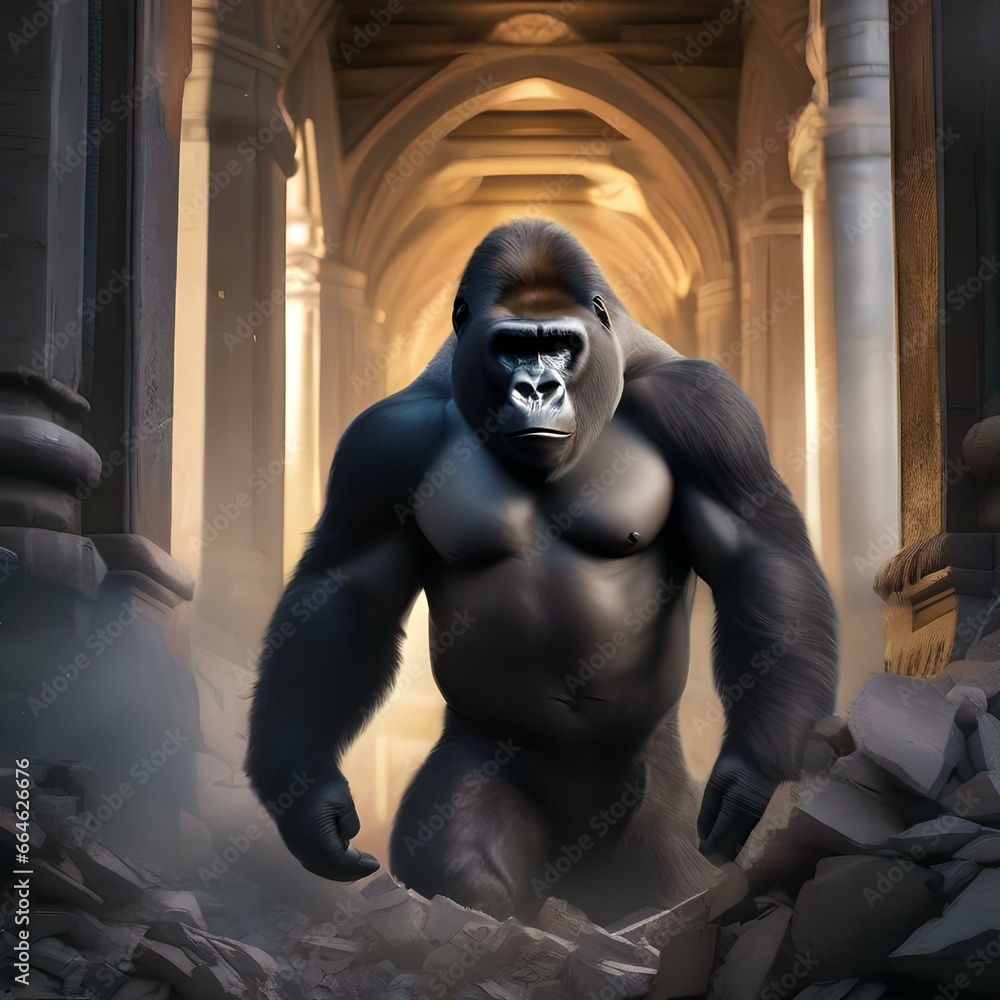 A powerful gorilla with an emblem on its chest, saving a city from destruction3