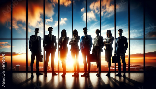 Team of Business Professionals in Silhouette, Engaged in a Meeting Against a Radiant Sunset, Symbolizing Collaboration, Strategy, and Vision in a Natural Setting