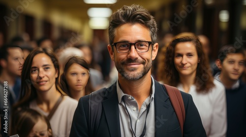 Smiling man in crowd, emanating confidence amid bustle.