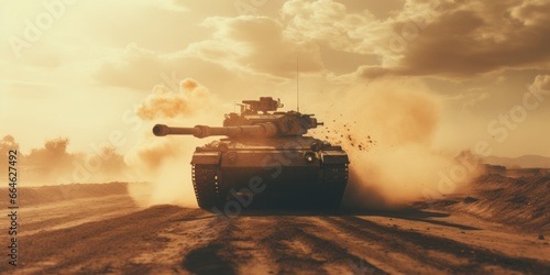 Rapid Pursuit in the Desert: A Military Tank Charges Through a Sandy Road Amidst Sandstorms in a Middle Eastern Conflict Zone