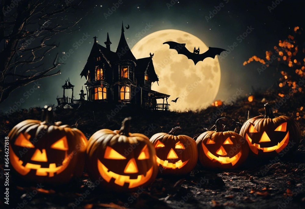 AI generated illustration of a spooky Halloween scene featuring a cozy house surrounded by pumpkins