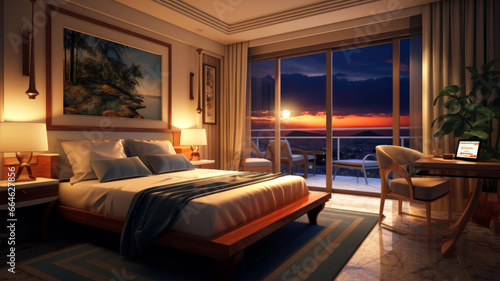 hotel room interior with a view of the sunset