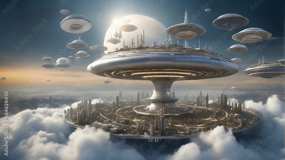 AI generated illustration of alien spaceships hovering over an ...