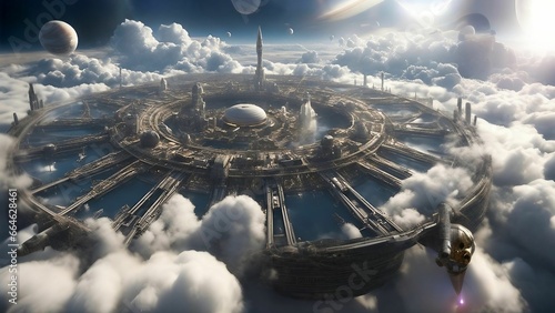 a spaceship flies in the sky over the clouds with a massive city © Wirestock