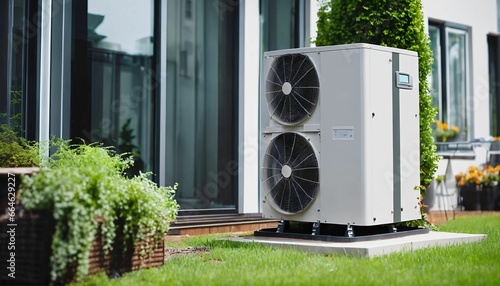 Residential building with outdoors installed air source heat pump photo