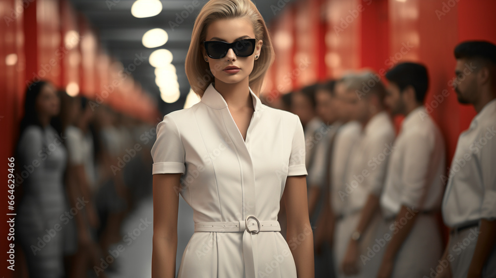 beautiful young girl with blond hair and a black figure in the background in a dark evening dress.