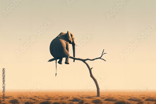 Hazard and depression - lonely elephant sitting on thick tree branch, wildlife risk