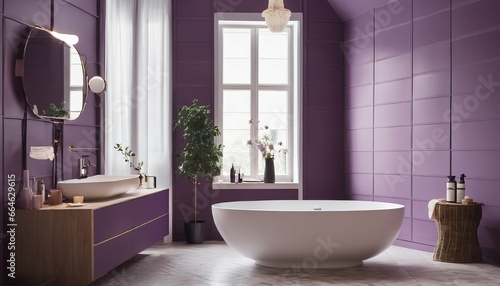 Purple-tiled bathroom: Minimalist design with wooden cabinet, mirror, and bathtub
