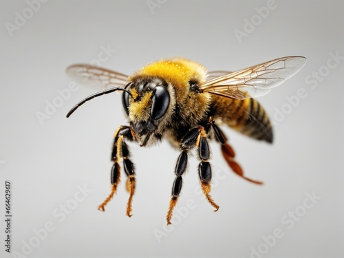 Solitary bee in flight, set against a transparent background. The macro shot showcases the intricate details of the bee's body, from its fuzzy yellow and black stripes. © Tom