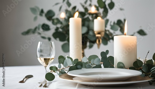 Minimalist tablescape design  White and green with eucalyptus and candles