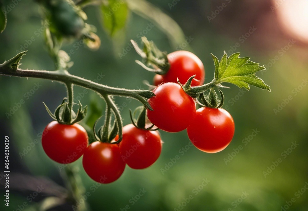 AI generated illustration of a branch with small tomatoes in a lush green