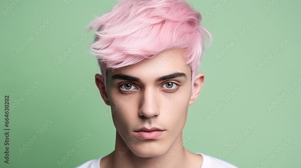 beauty portrait of a cool  caucasian male model with pink colored hair against green background