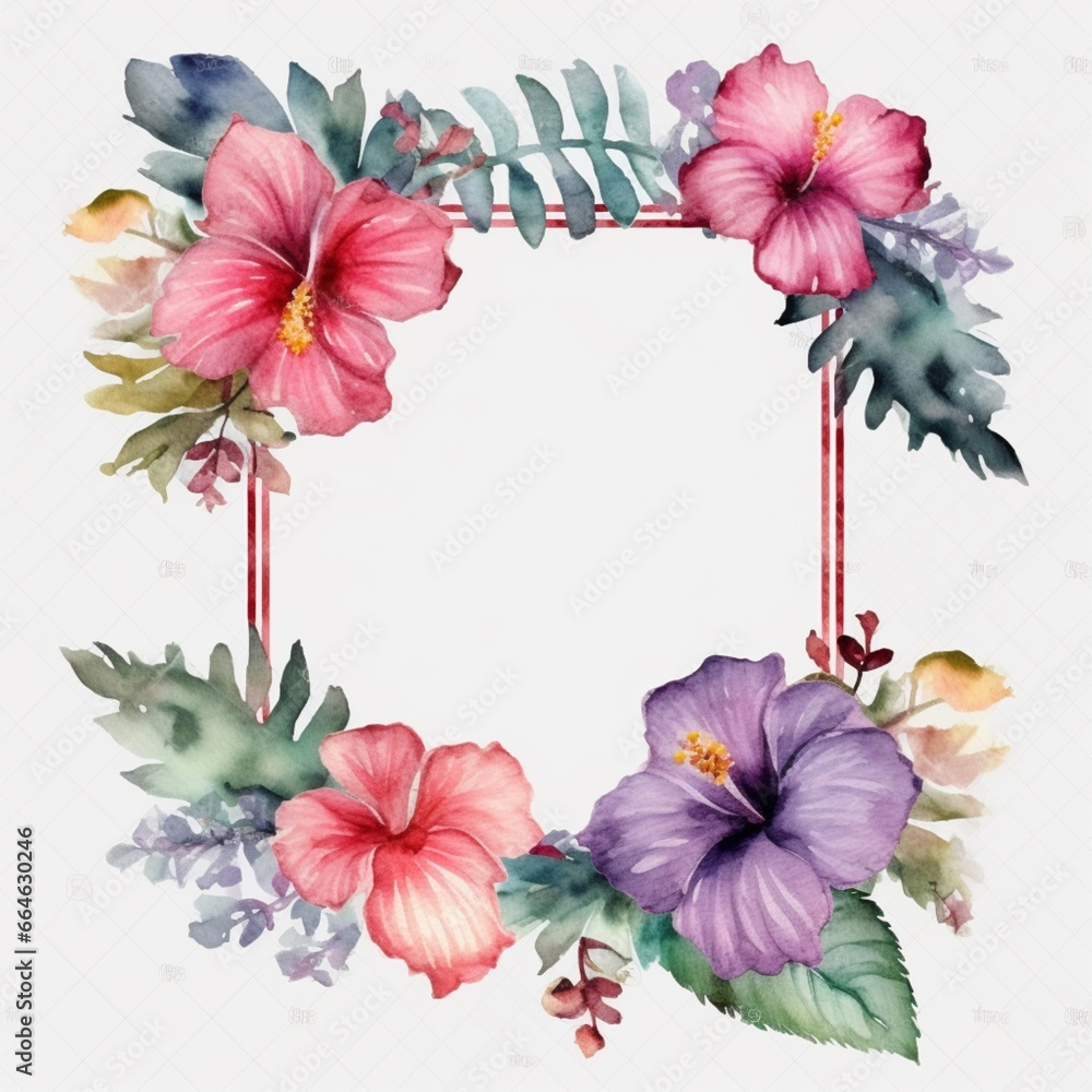 Obraz premium Tropical pink hibiscus flowers frame floral arrangement illustration AI Generated art