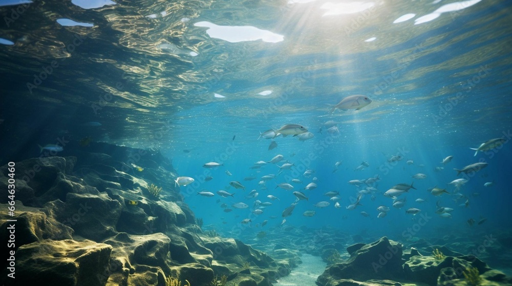 Fototapeta premium many fish swim under the bright sun in a rocky stream