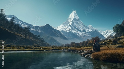 Ai generated illustration of a man fishing in outdoors, sitting next to a river with