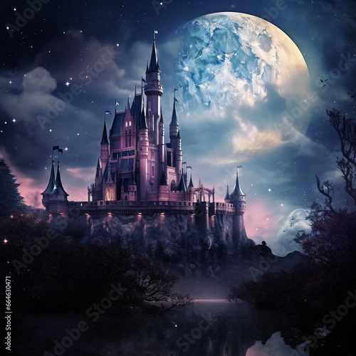 Beautiful castle, moonlight,  sky, fairy tale. silhouette concept, wallpaper, 