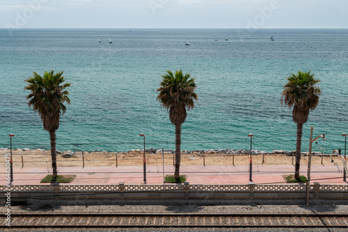 Tram railway and high palms on embankment in Vilassar de Mar, Barcelona photo