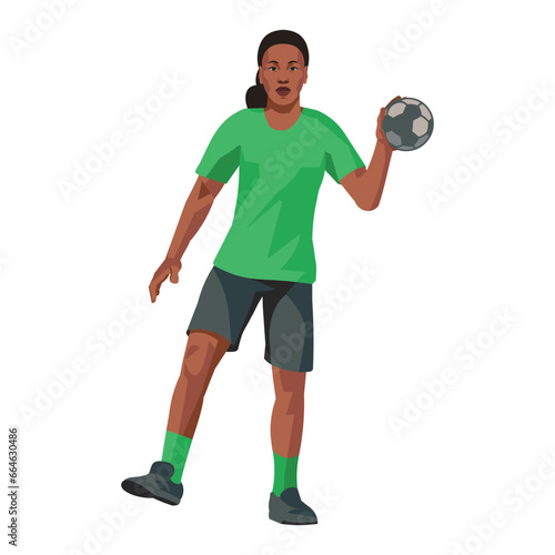 South African women's handball girl player in green sports uniform uniform who stands and holds the ball in her hand taking aim