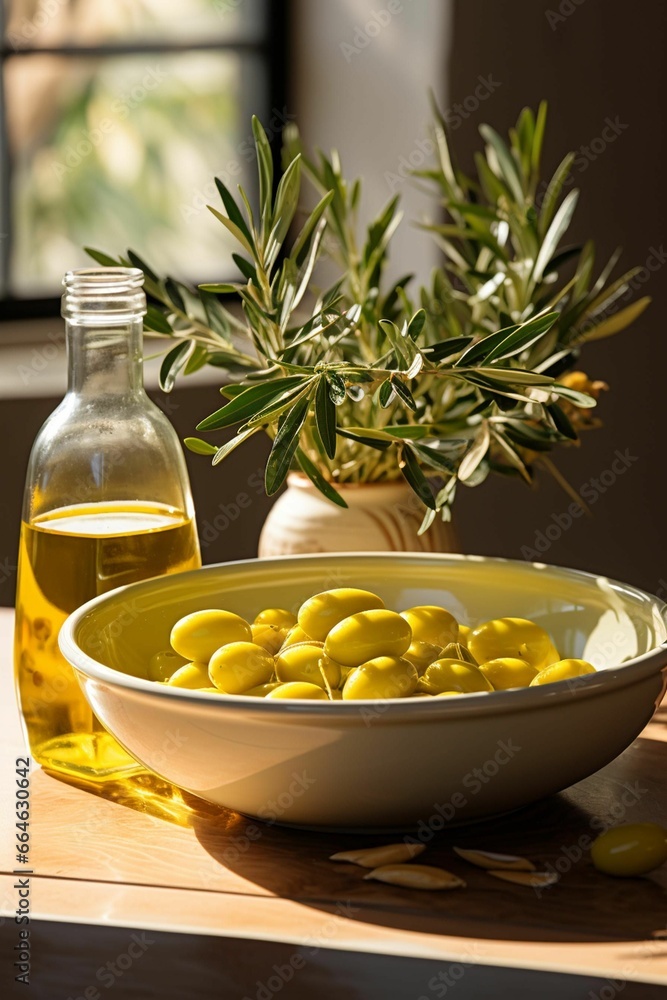 AI generated illustration of An image of a table with a bowl of olives AI generated illustration of An image of a table with a bowl of olives
