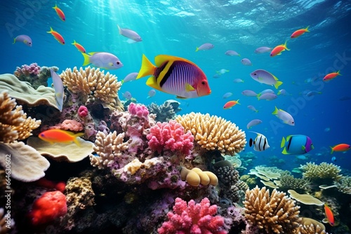 Colorful fish swimming in a stunning coral reef. Generative AI