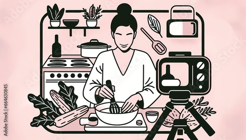 Fototapeta Naklejka Na Ścianę i Meble -  Muted Pastel Pink Food Influencer Preparing Dish with Pronounced Contours