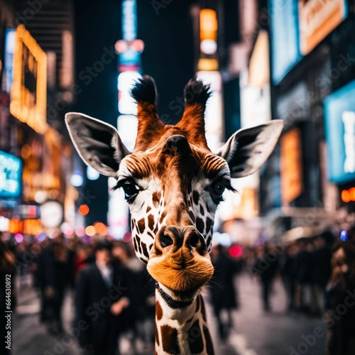 AI generated illustration of a large giraffe standing in a bustling city street © Wirestock