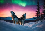 AI generated illustration of two wolves in front of a stunning display of aurora borealis