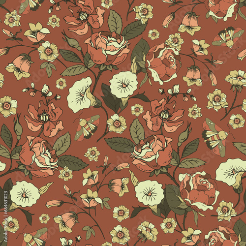 Vintage floral seamless pattern. Blooming dark flowers, Victorian wildflowers with moth