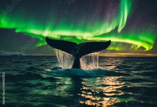 AI generated illustration of a majestic whale tail emerging from the dark waters of the ocean © Wirestock