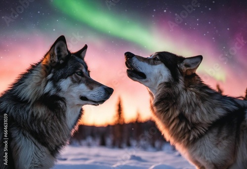 AI generated illustration of two wolves in front of a stunning display of aurora borealis