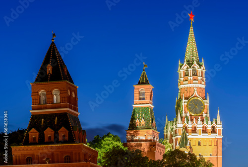 Towers of Moscow Kremlin at night, Russia