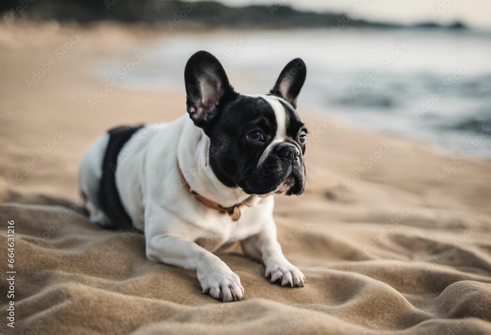 AI generated illustration of a French Bulldog relaxing on a sandy beach