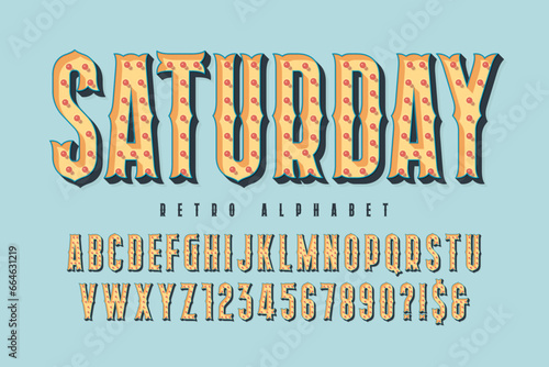 Retro circus alphabet design, cabaret, LED lamps letters and numbers. Original design.