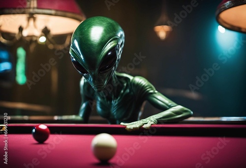 AI generated illustration of a whimsical green alien playing billiard