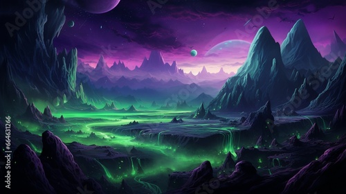 An otherworldly alien landscape with surreal gradients of neon green and dark violet.