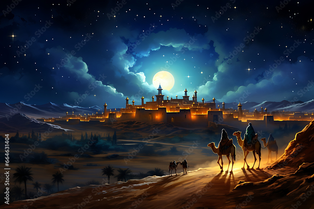 Escenas de los tres reyes magos, Melchor, Gaspar y Baltasar, en sus camellos con paisajes del desierto y nocturnos - obrazy, fototapety, plakaty 