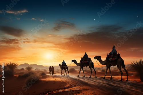 Escenas de los tres reyes magos, Melchor, Gaspar y Baltasar, en sus camellos con paisajes del desierto y nocturnos photo