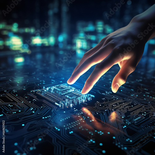 Artificial intelligence AI circuit board in shape electronic PCB circuit icon symbol on businessman hand finger touching with cyberpunk neon cyberspace lighting. Innovative technology