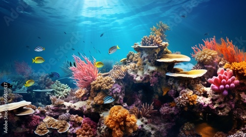 An underwater coral reef with the sea transitioning from turquoise to deep cerulean blue.