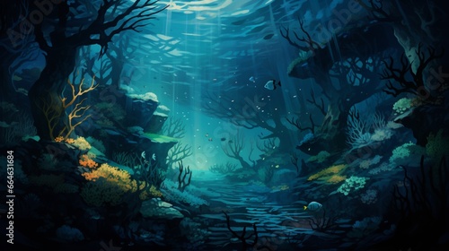An underwater scene with the ocean depths transitioning from deep blue to inky black.