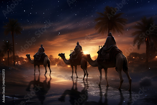 Escenas de los tres reyes magos  Melchor  Gaspar y Baltasar  en sus camellos con paisajes del desierto y nocturnos